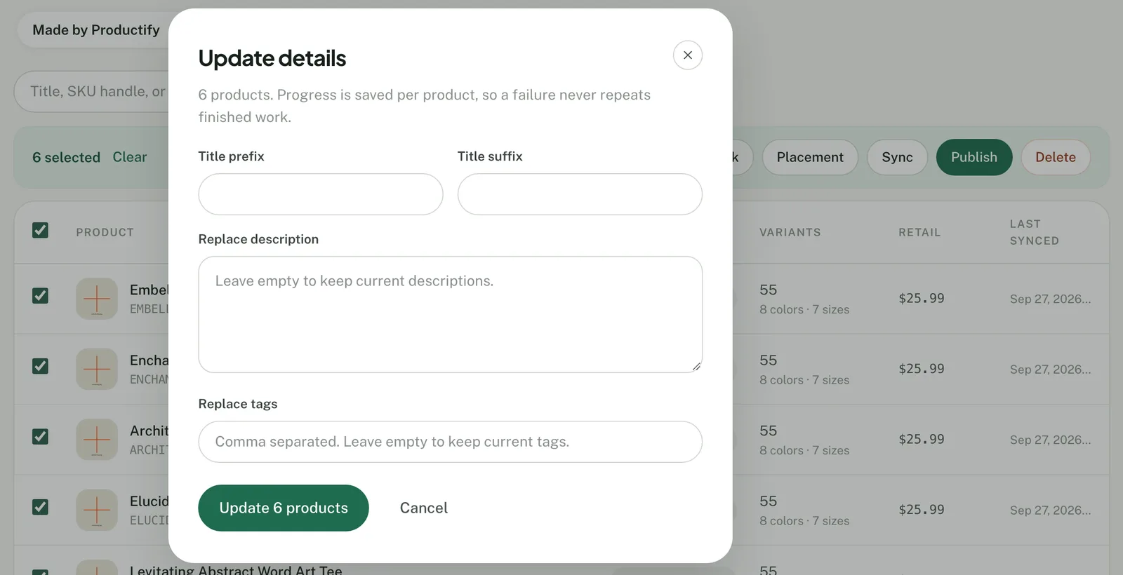 Productify Update details dialog with title prefix, title suffix, Replace description and Replace tags fields