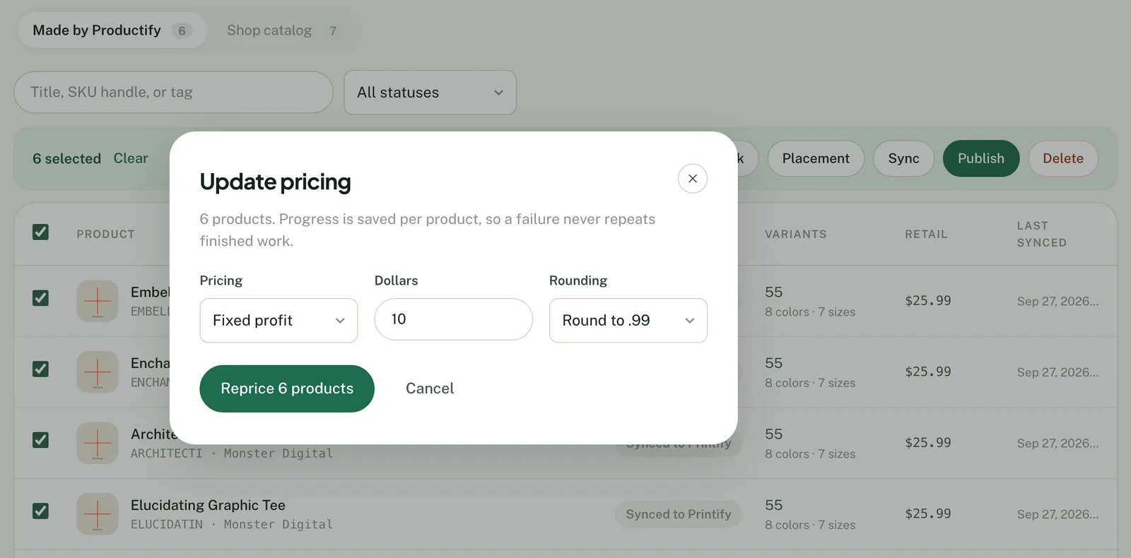 Productify Update pricing dialog with Fixed profit, a dollar amount and Round to .99 for six products
