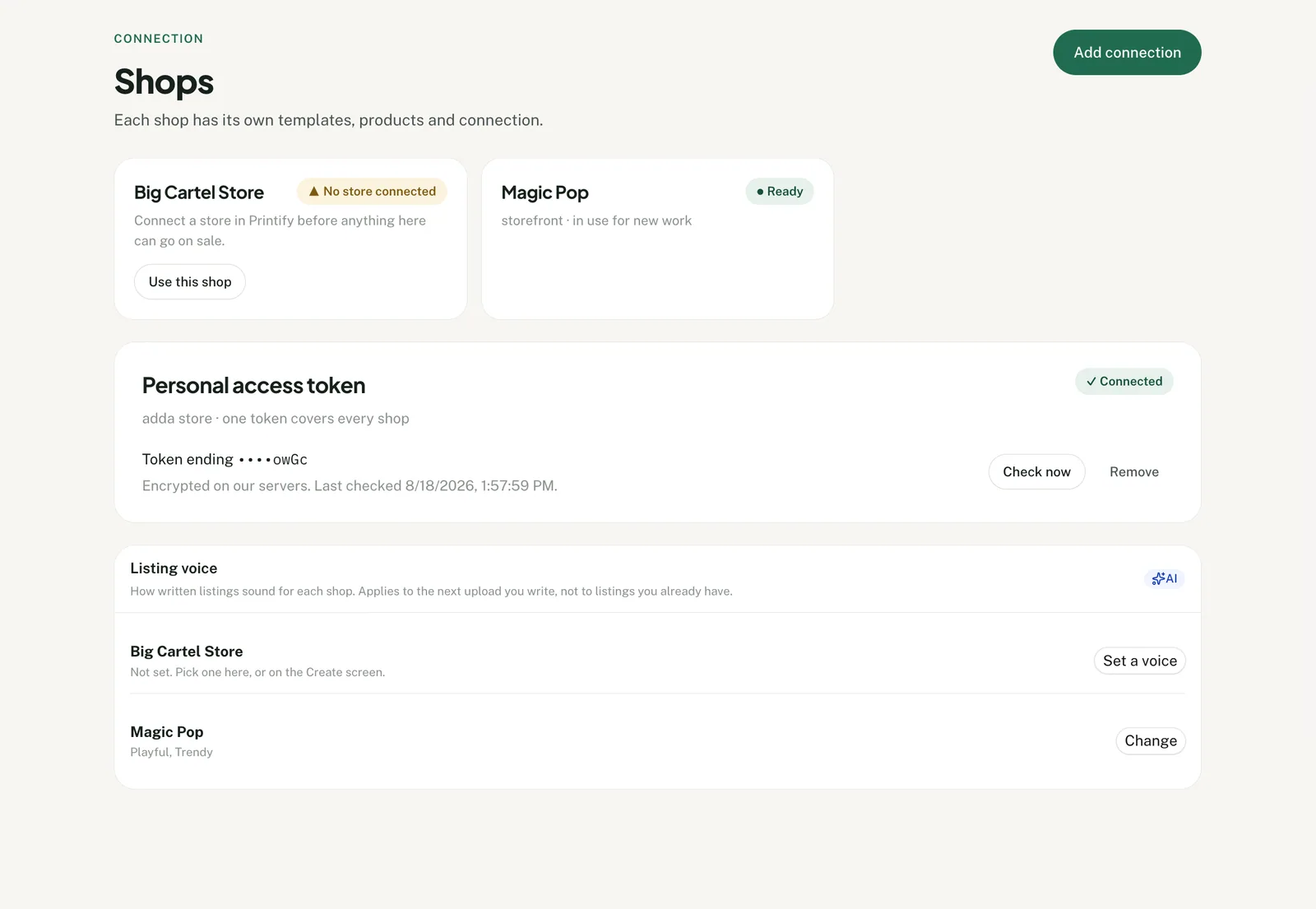 Productify screen for connecting one or more Printify accounts and shops