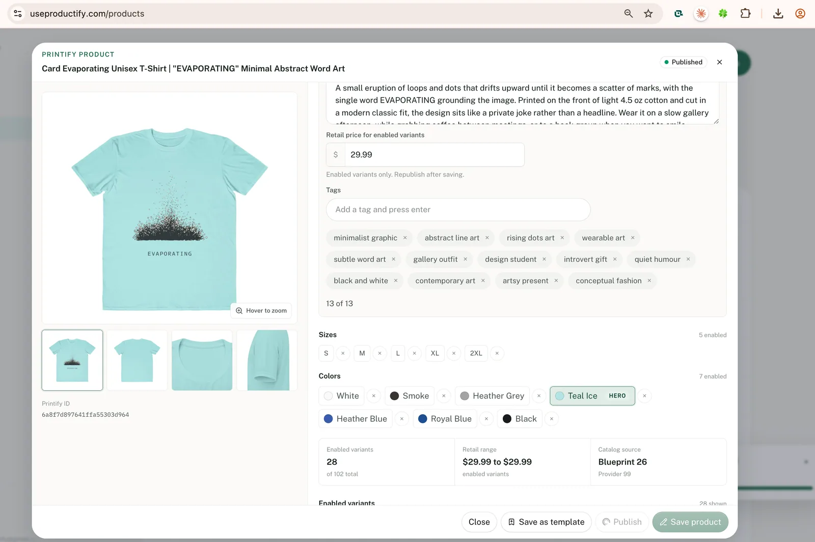 Productify product details with a teal hero color and listing controls
