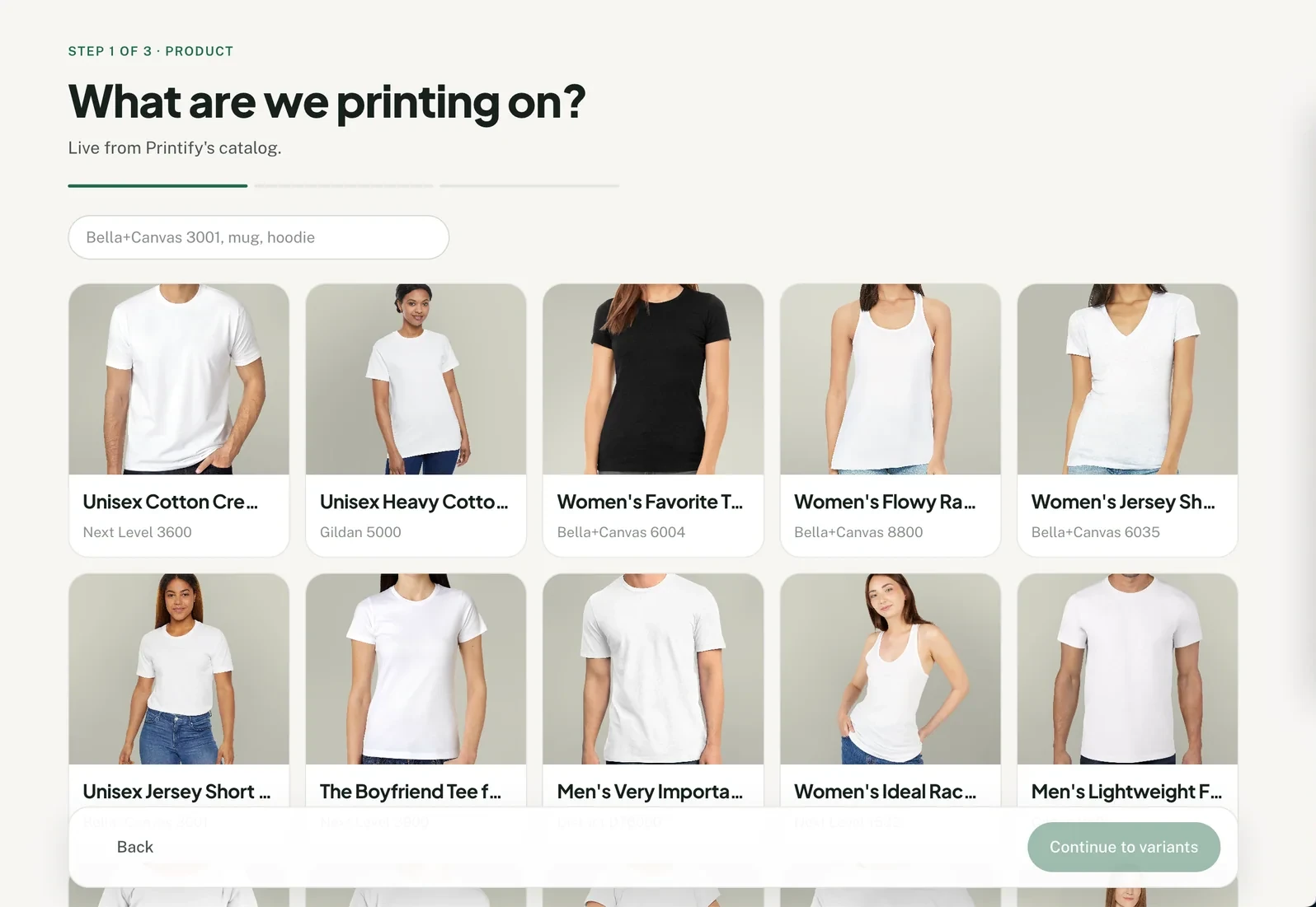 Productify catalog screen for choosing a new Printify blank
