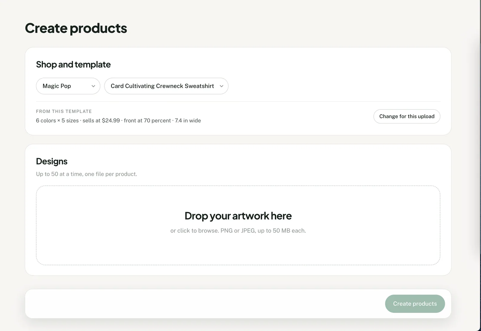 Productify Create screen with a saved crewneck product setup selected