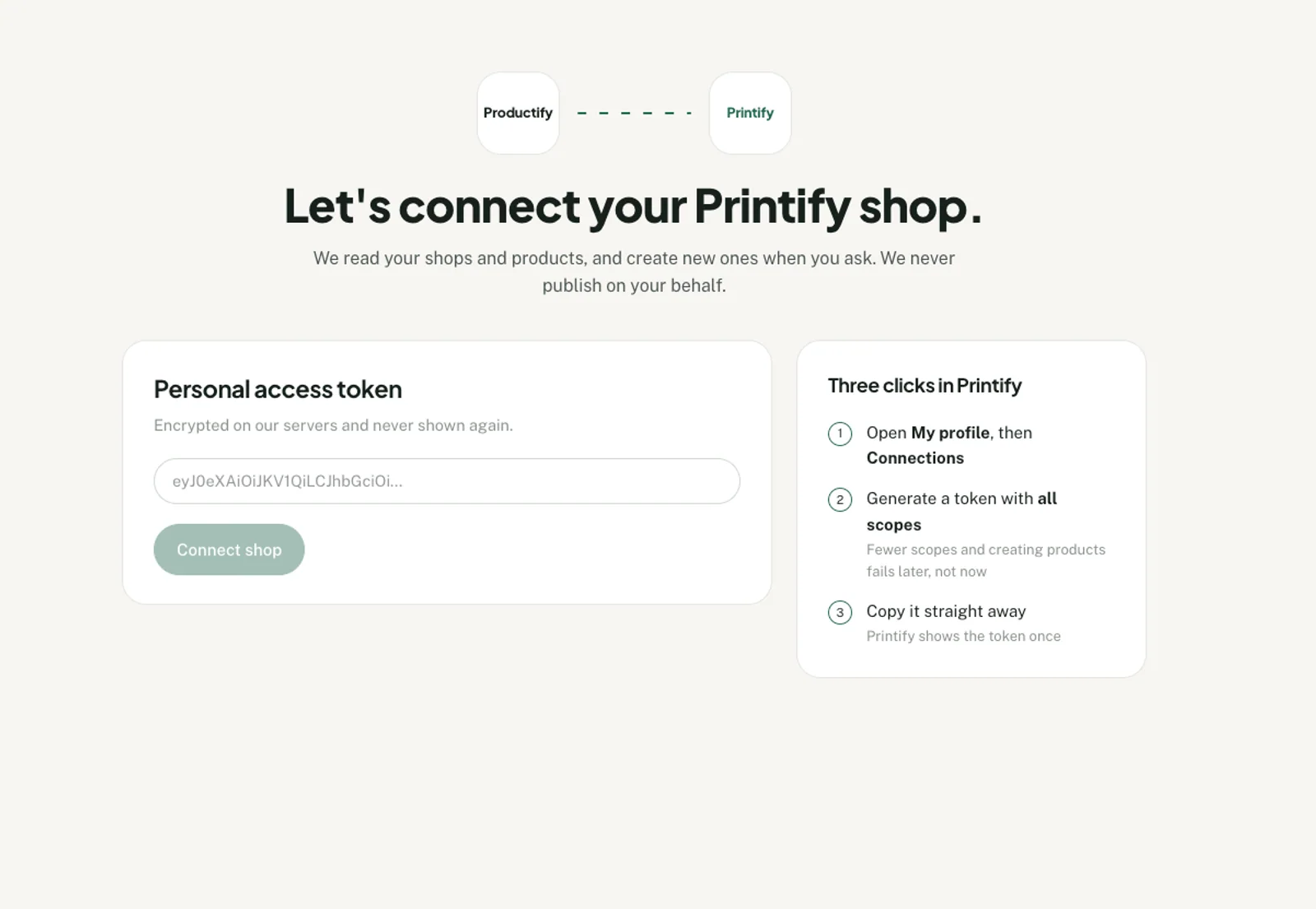 Productify screen for connecting a Printify shop with a personal access token