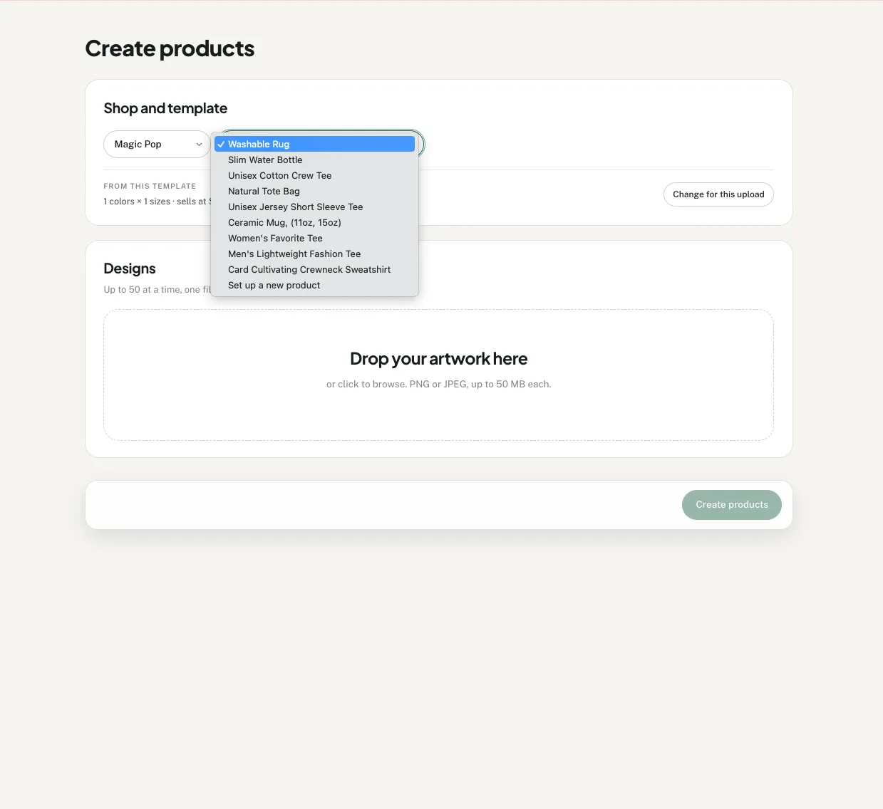 Productify Create products screen with a template and Change for this upload