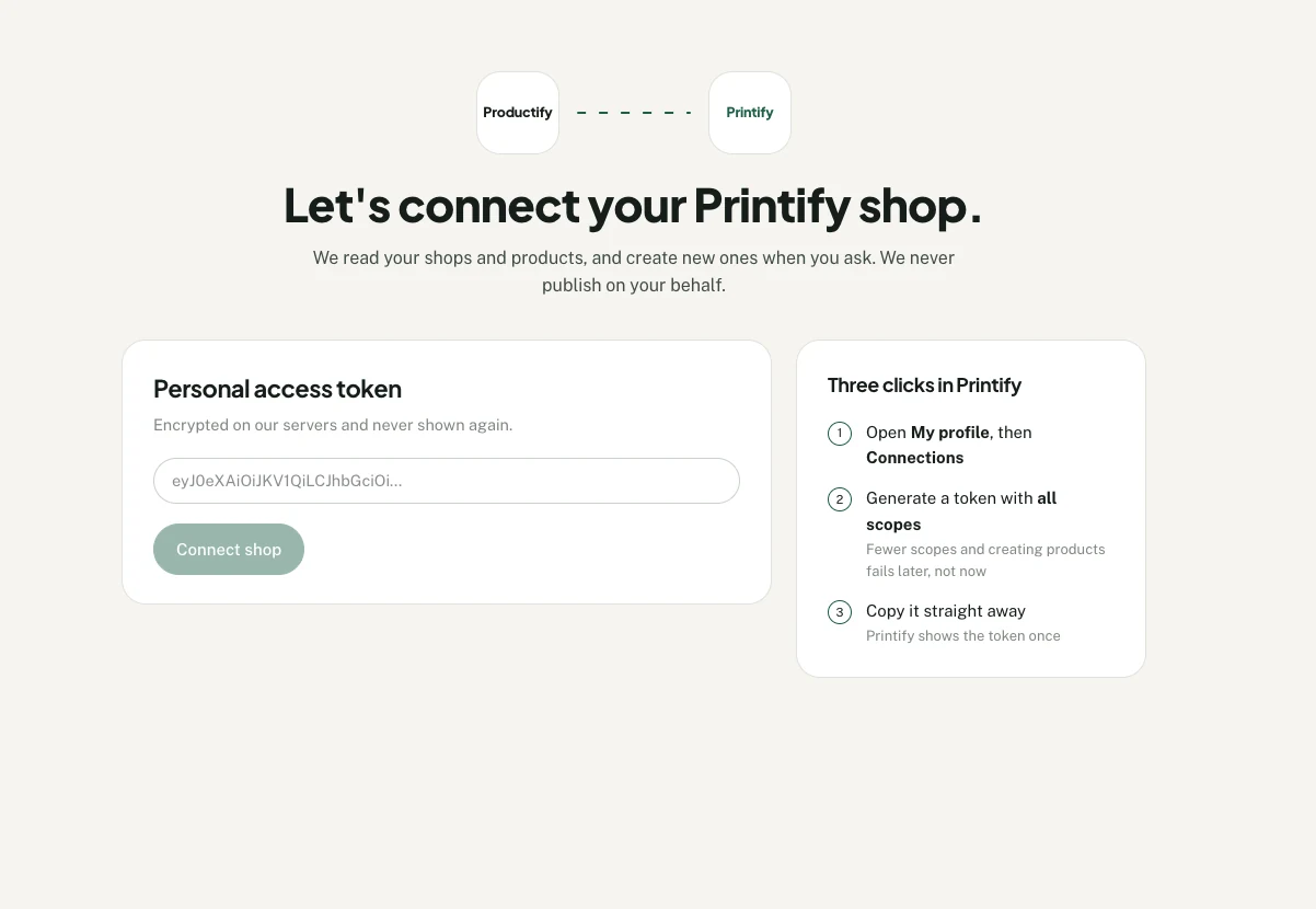 Productify connection screen with the personal access token field and Connect shop button