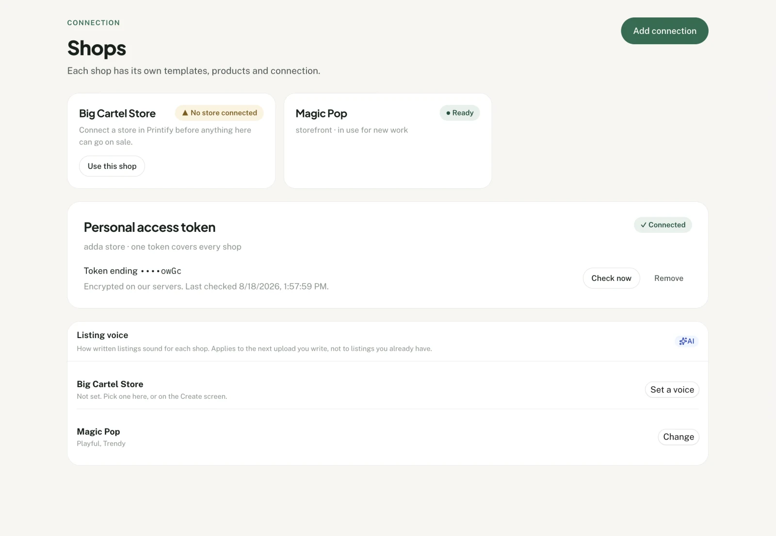 Productify Shops page showing connected Printify stores and connection status