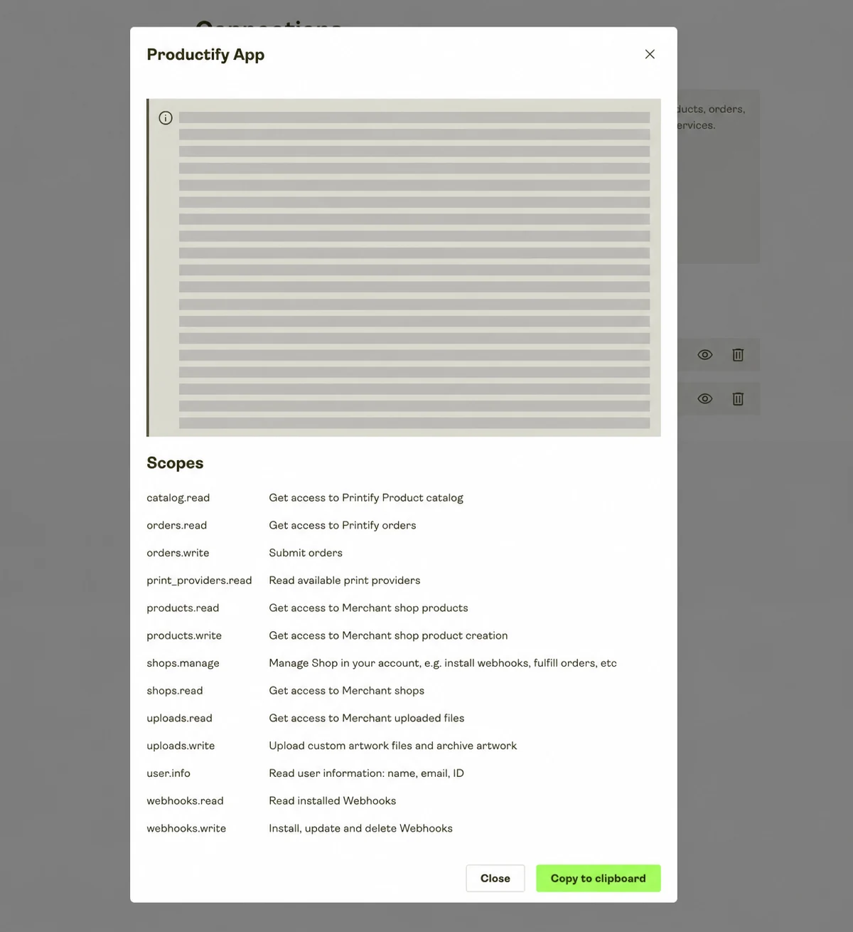 Printify token dialog with the personal access token redacted and Copy to clipboard visible