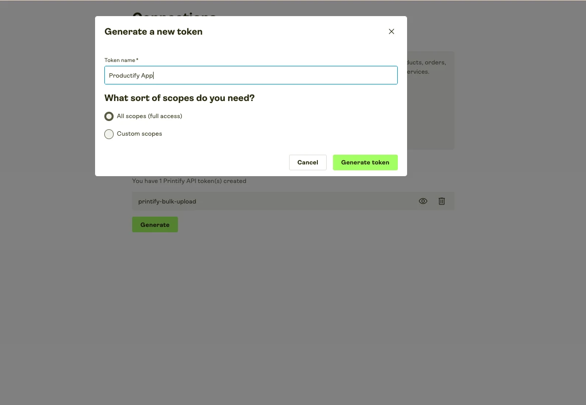 Printify Generate a new token dialog with a token name and All scopes selected