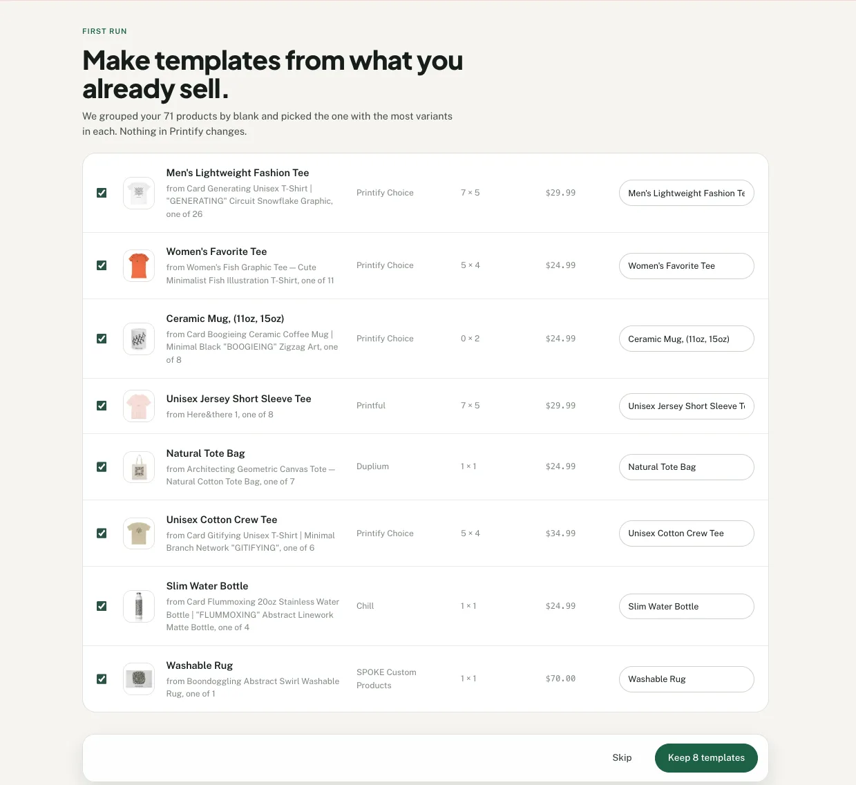 Productify suggesting reusable templates from products in a connected Printify shop