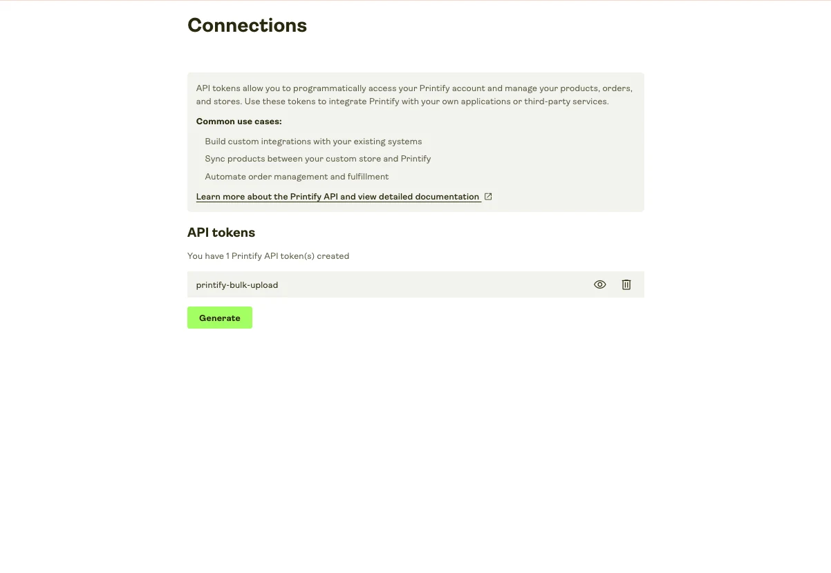 Printify Connections page with the API tokens section and Generate button