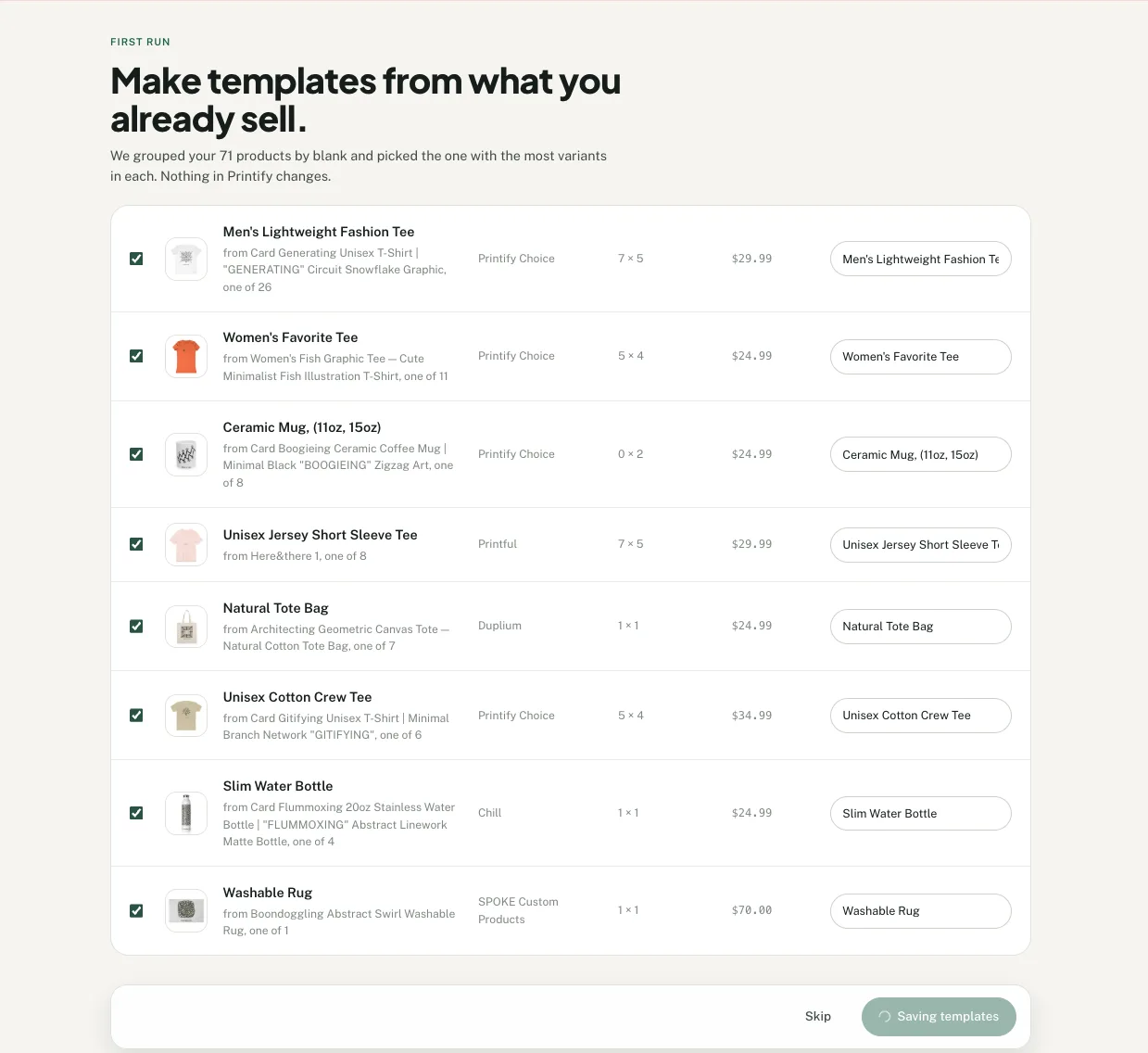 Productify template suggestions with checkboxes, editable names and the Keep templates button