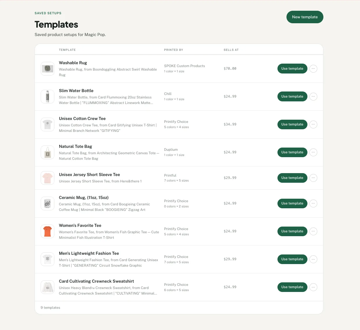 Productify Templates page listing saved product setups with Use template buttons
