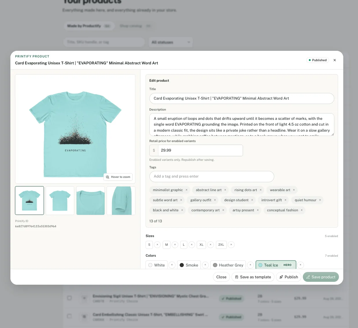 Productify product details with Save as template