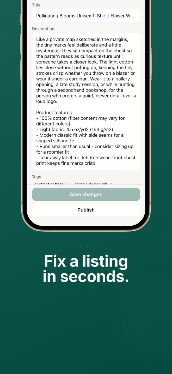 Productify iPhone app editing a t-shirt's title, description and tags, with Publish below