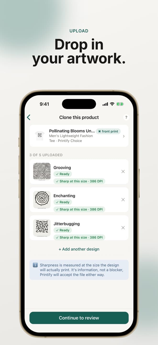 Productify iPhone app cloning a t-shirt onto three new designs, each marked sharp at print size