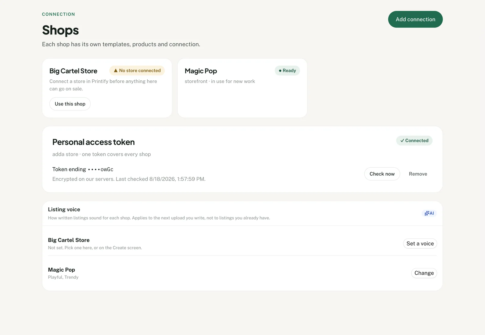 Connected Printify shops available in Productify