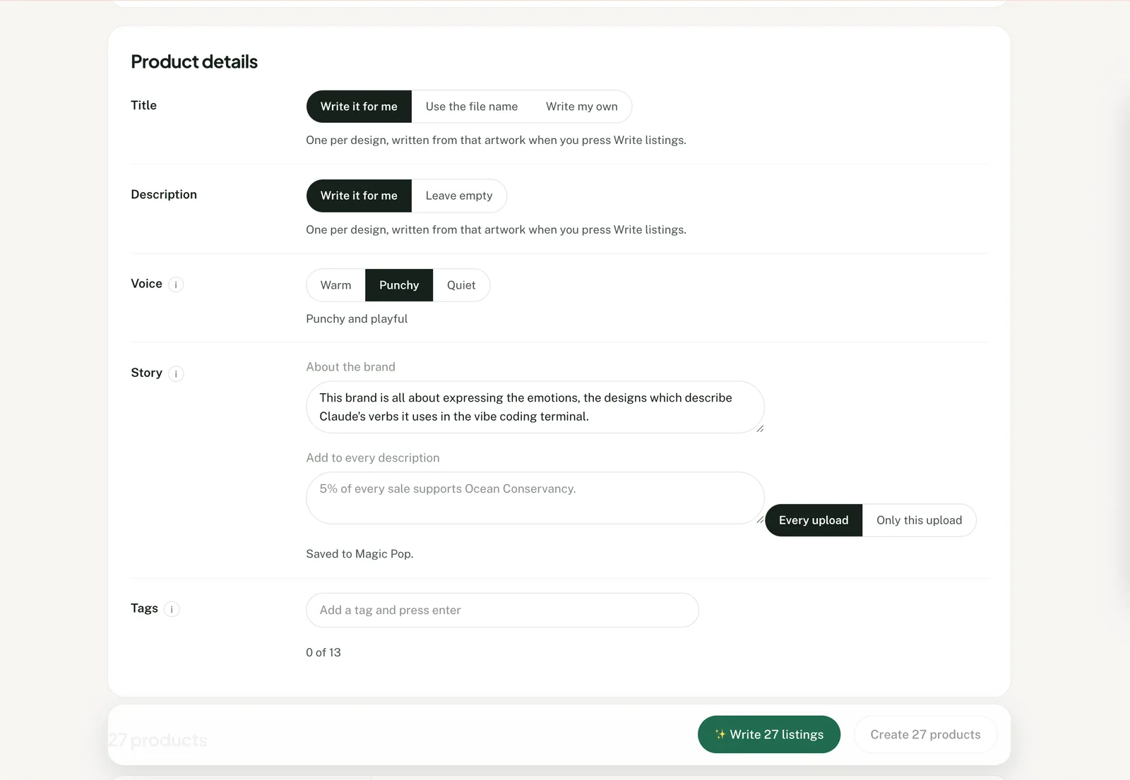 Productify listing settings for titles, descriptions, shop voice and tags