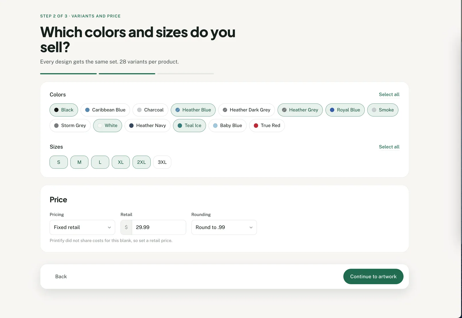 Printify colors and sizes selected for a Productify batch