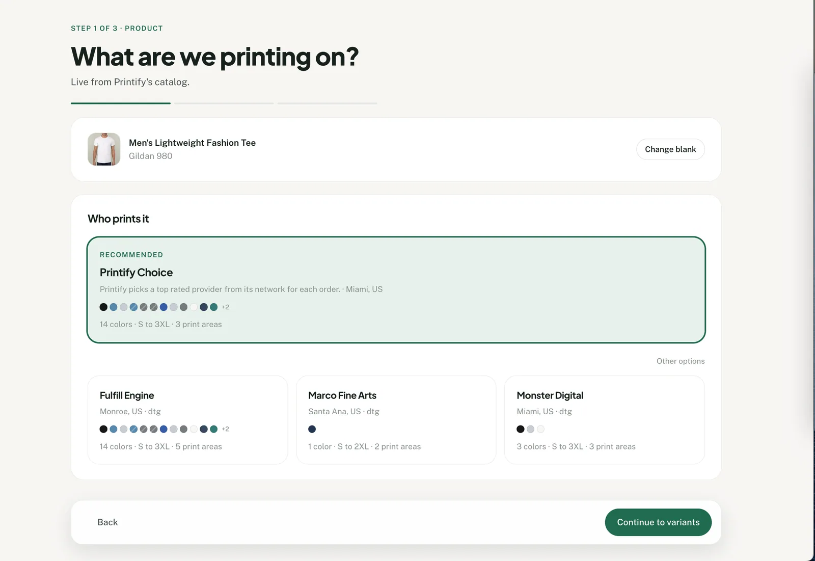 Print providers available for a selected Printify product in Productify