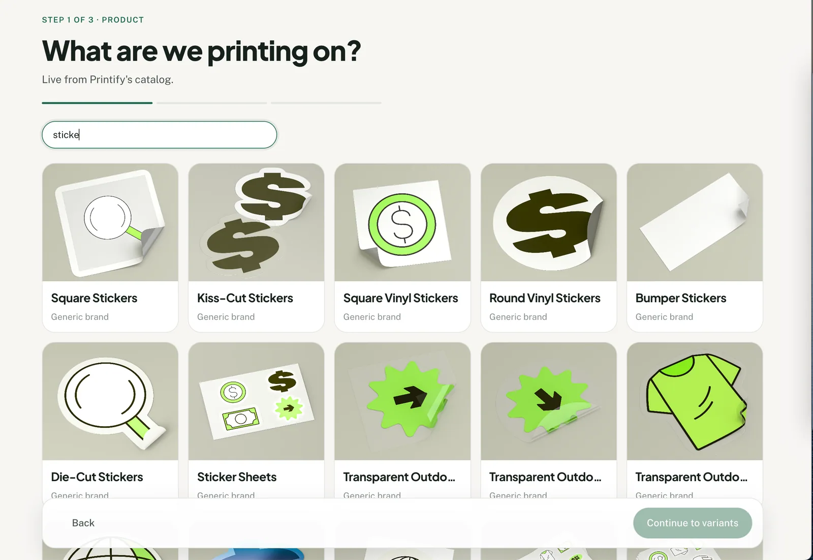 Search results from Printify's product catalog in Productify
