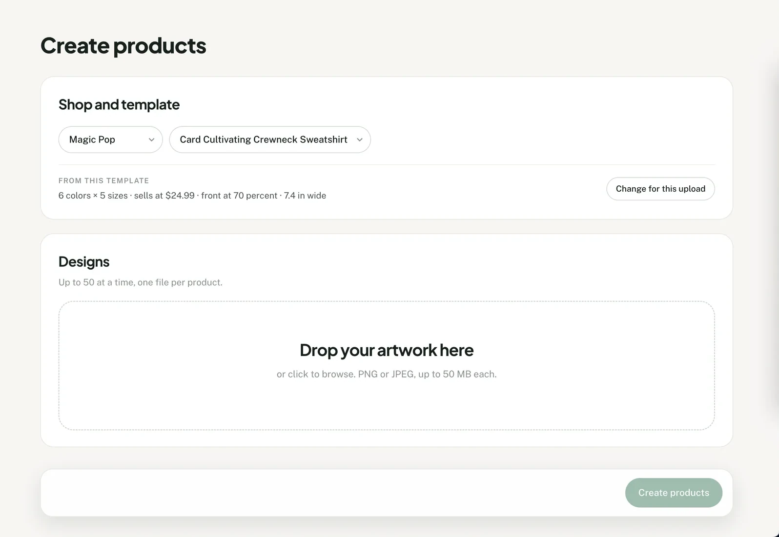 Saved Printify product template selected for a new Productify batch