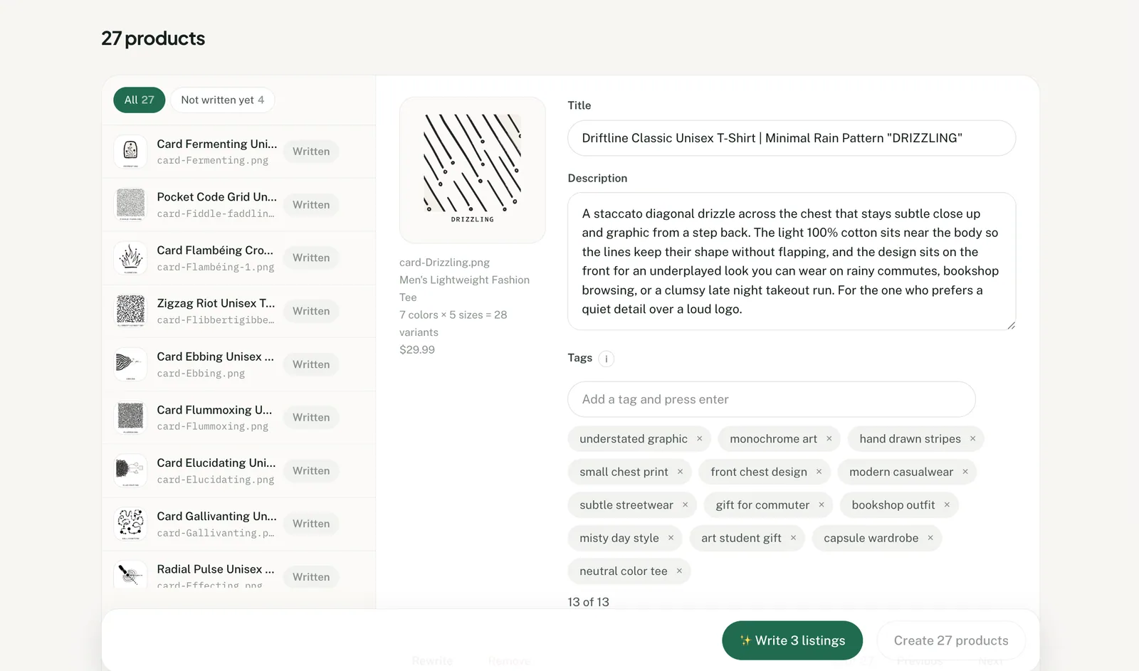 Productify review screen for one item in a 27-product design batch