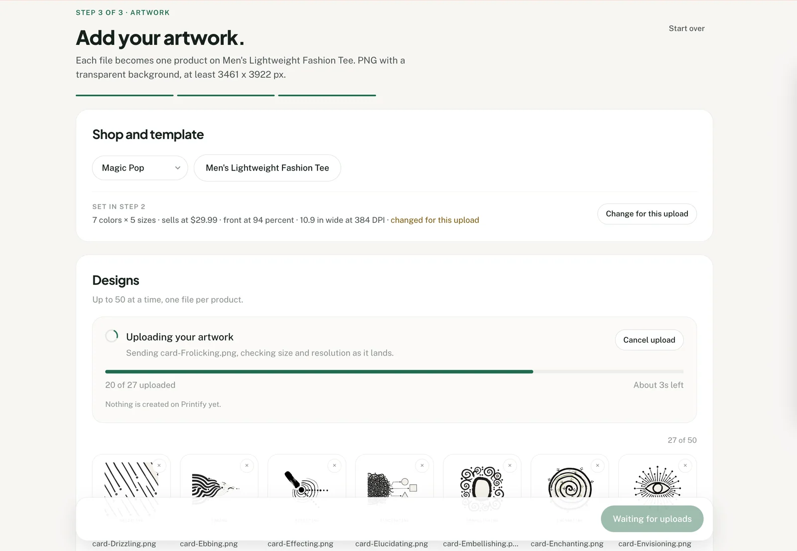 Multiple artwork files selected for a Printify product batch