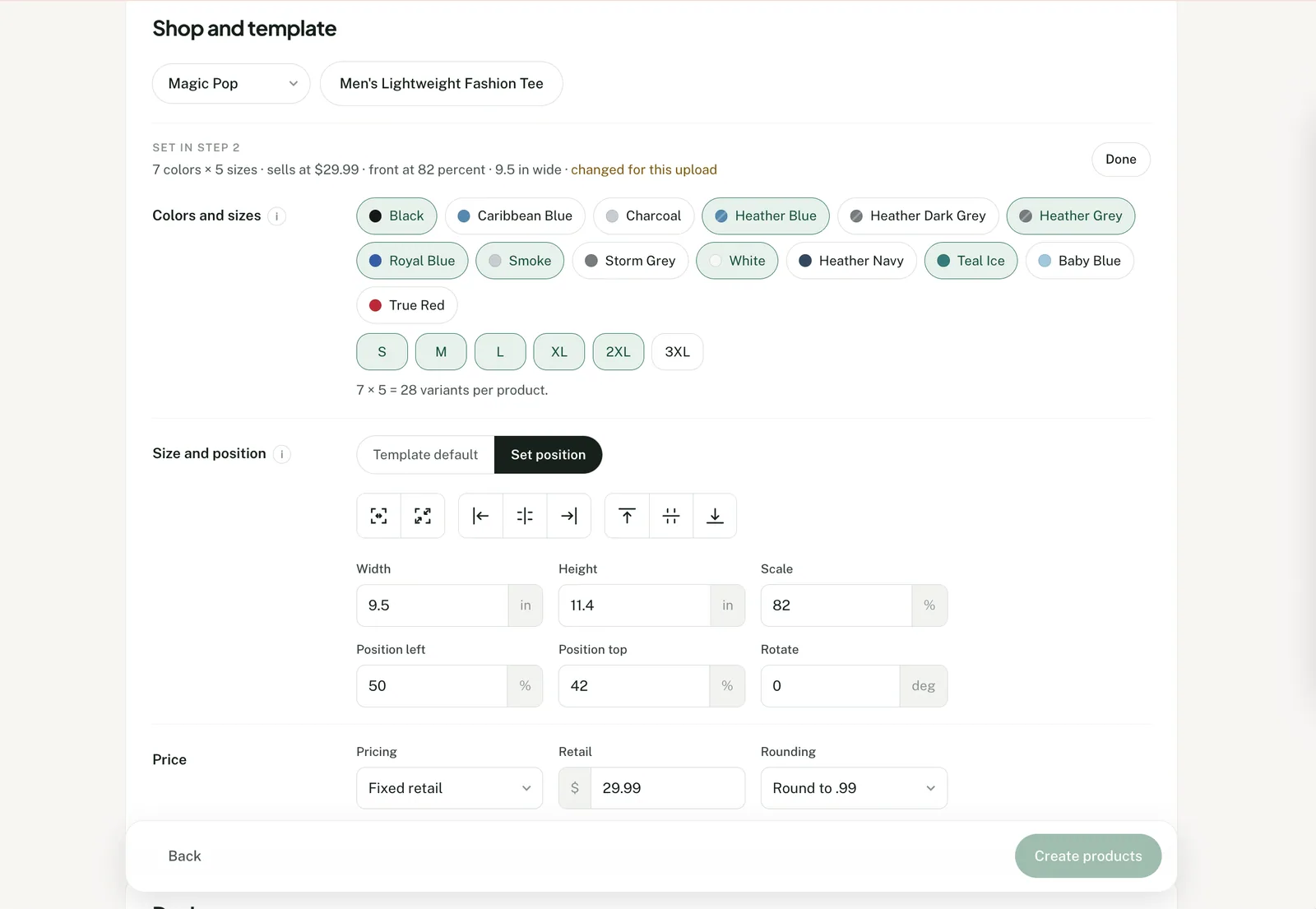Retail price and artwork placement set for a Printify product batch