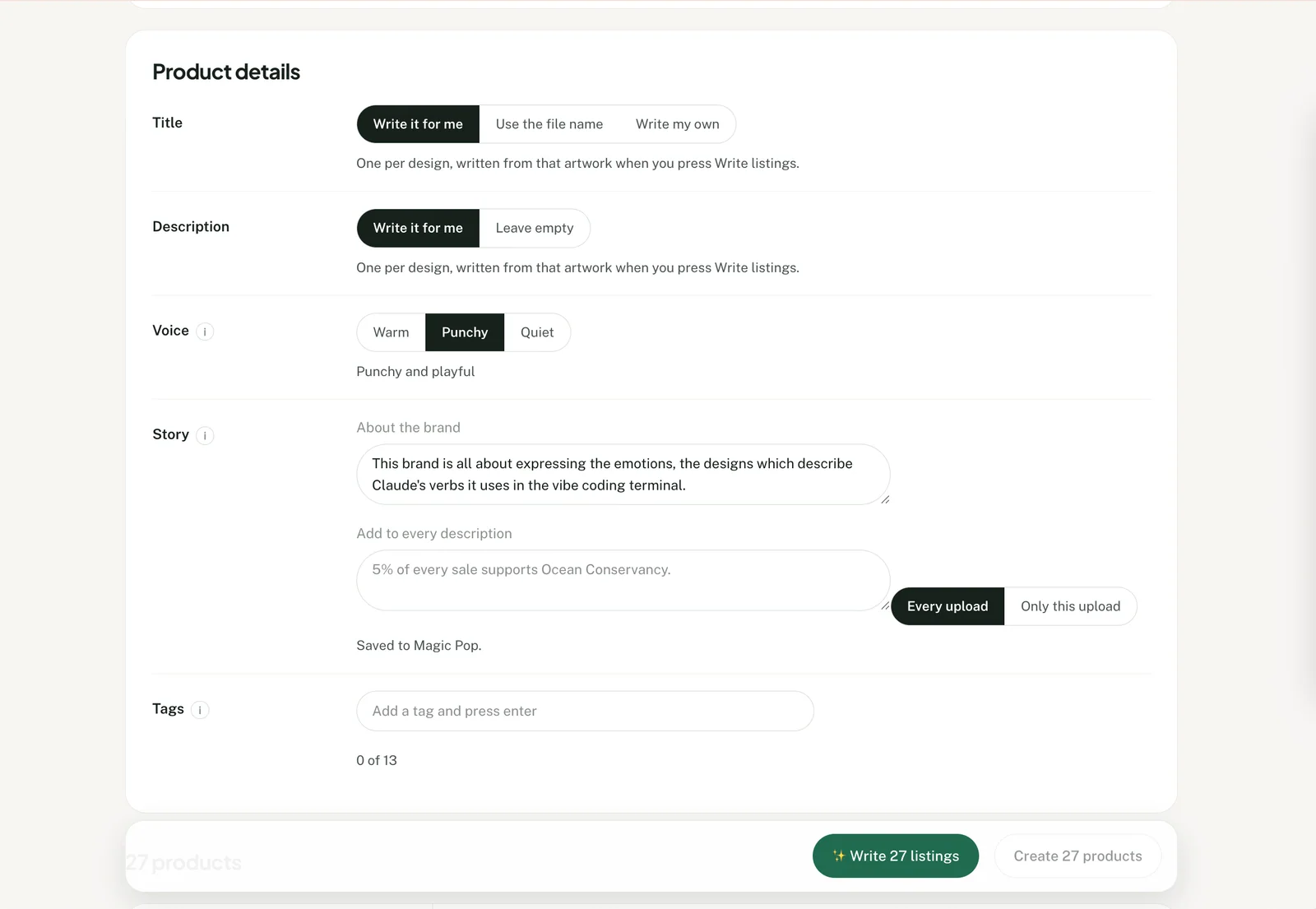 Productify settings for Printify product titles descriptions and tags