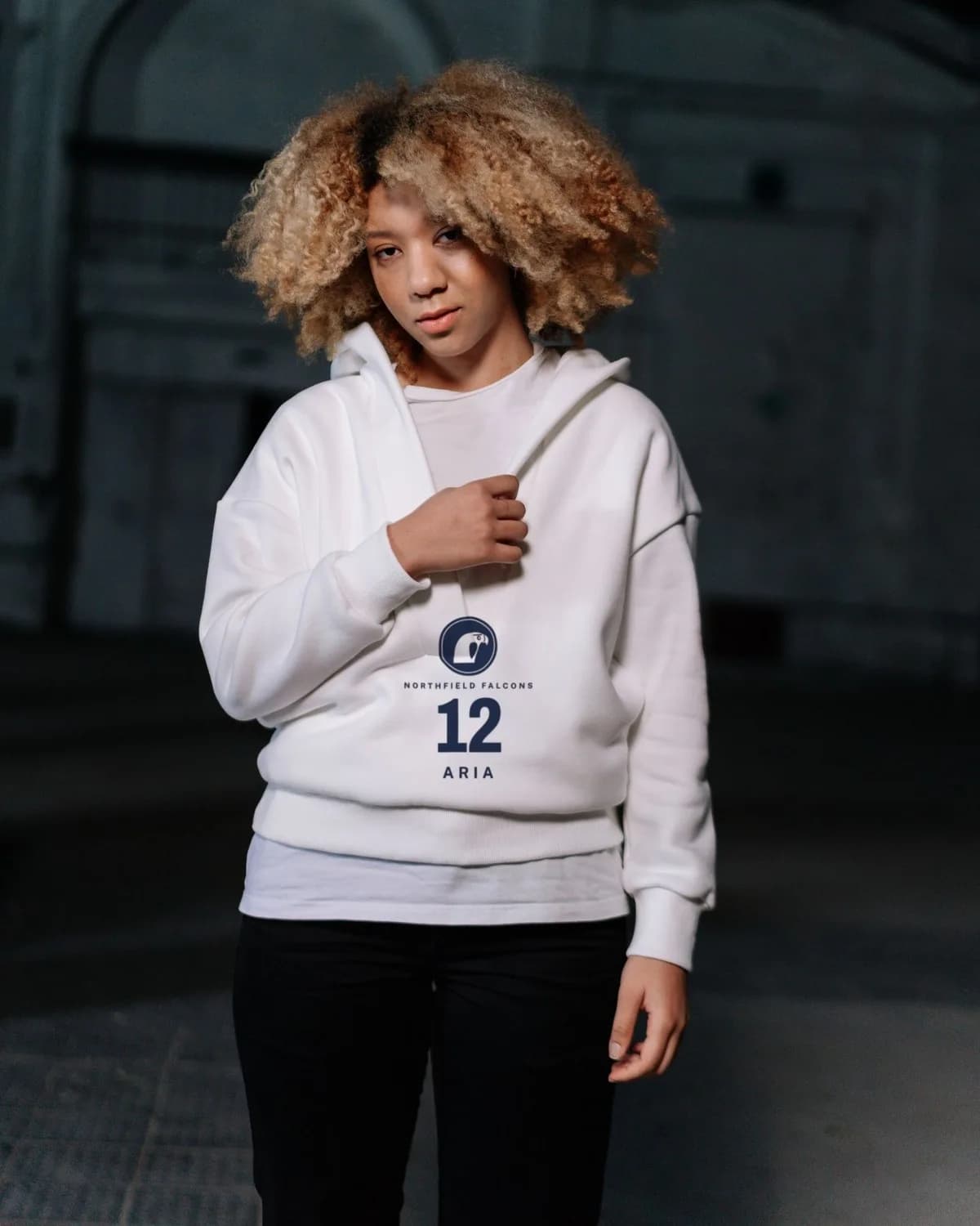 Aria #12 Northfield Falcons team hoodie in white