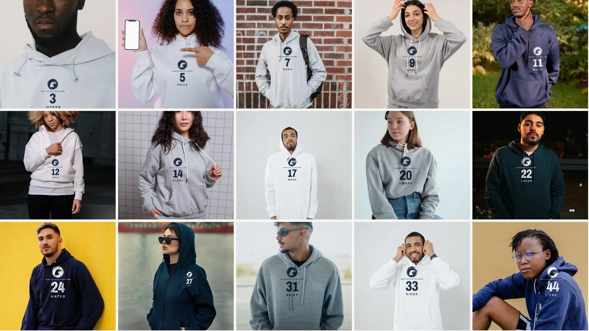 Fifteen Northfield Falcons players in navy, white and gray team hoodies, each printed with their own name and number