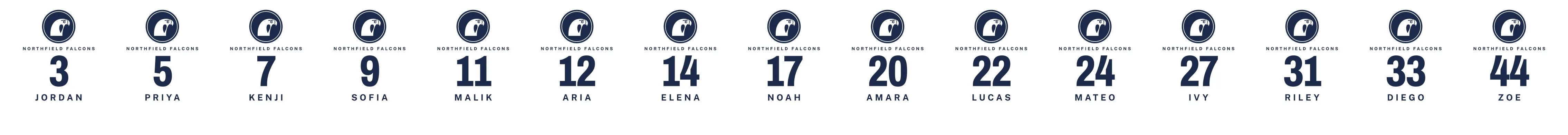 Fifteen Northfield Falcons player designs, each with the falcon crest, a number and a name